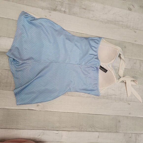 Vintage-Inspired Blue Polka Dot Halter One-Piece Swimsuit With Ruched Front By G - Picture 6 of 6